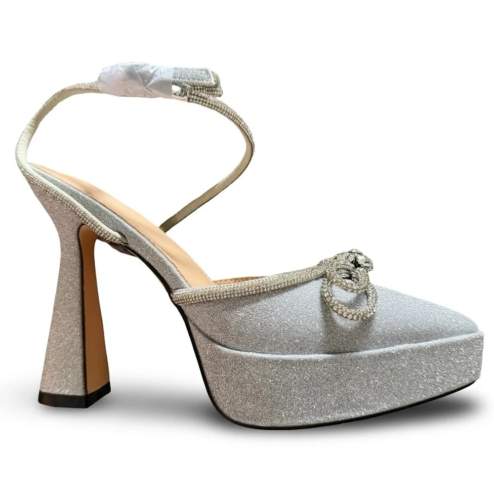 Silver Glitter Double Bow Platform Pumps Ankle Strap Heels 5.5 Wedding